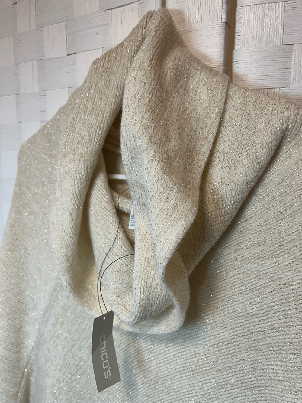 Chico's Cream Knit Poncho with Fringe Trim and Draped Collar - Picture 5 of 6